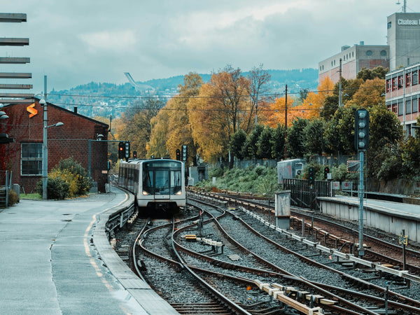 Tunnelbanetåg på spår vid station omgiven av höstträd och industribyggnader, Reál Marine